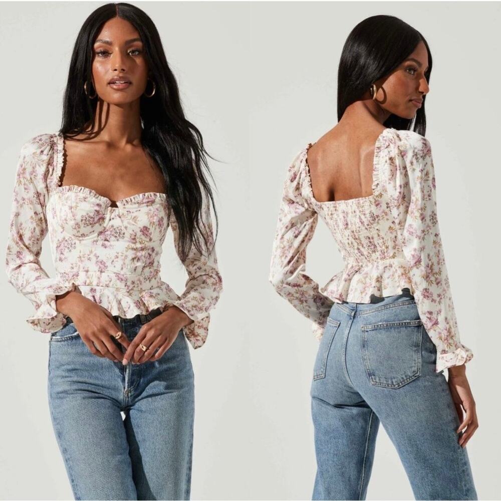Astr floral sweetheart peplum blouse in cream and pink